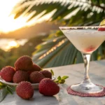 Close-up of a lychee martini in a martini glass with lychee garnish and tropical background