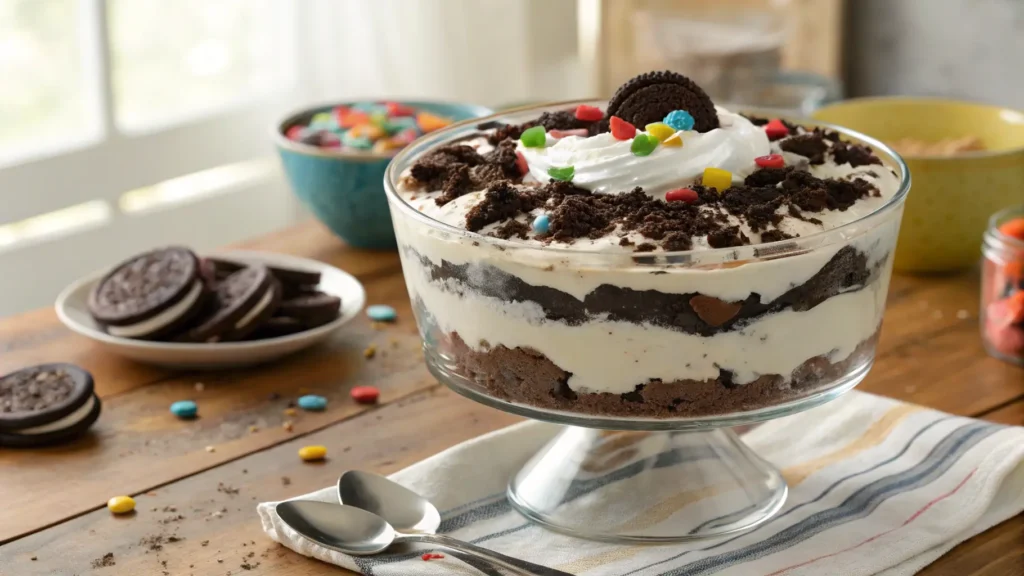 Layered Oreo dirt cake in a trifle dish with gummy worms on top