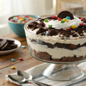 Layered Oreo dirt cake in a trifle dish with gummy worms on top
