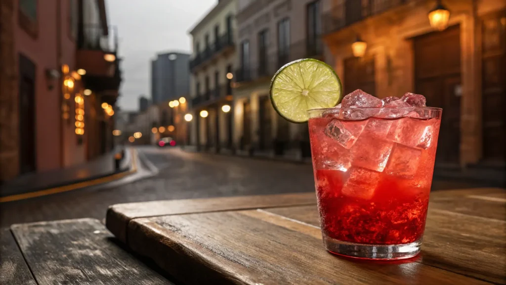 Mexican Firing Squad cocktail in a rocks glass with lime wheel garnish on a wooden bar table