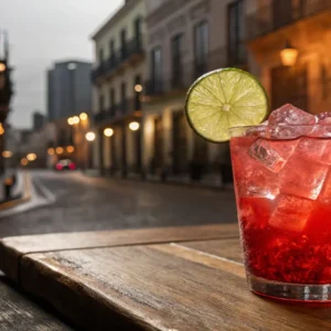 Mexican Firing Squad cocktail in a rocks glass with lime wheel garnish on a wooden bar table