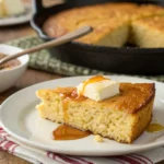 Slice of White Lily cornbread with butter and honey next to skillet