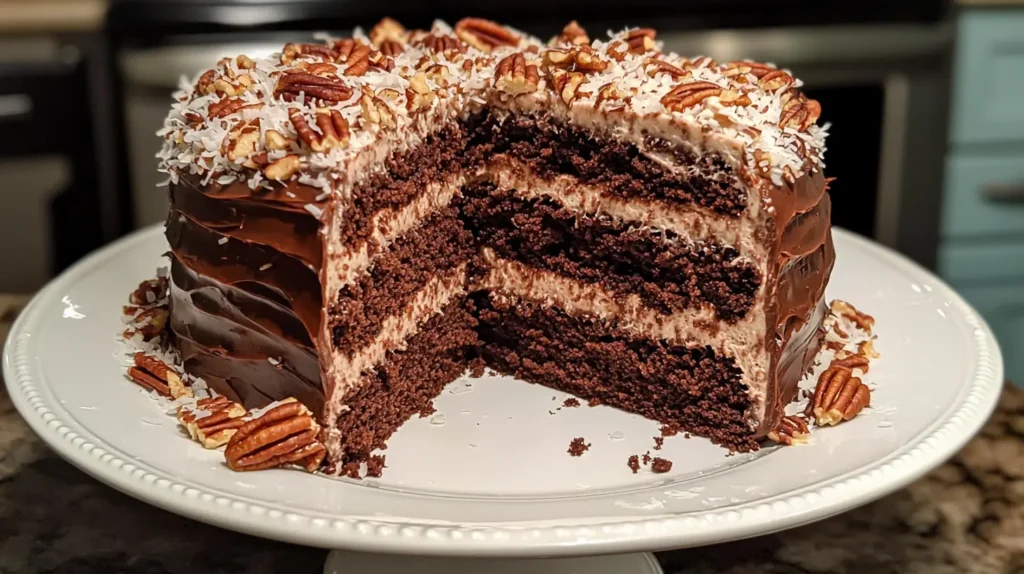 Sliced German chocolate cake with coconut-pecan frosting on a white plate.