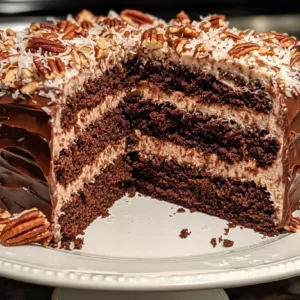 Sliced German chocolate cake with coconut-pecan frosting on a white plate.