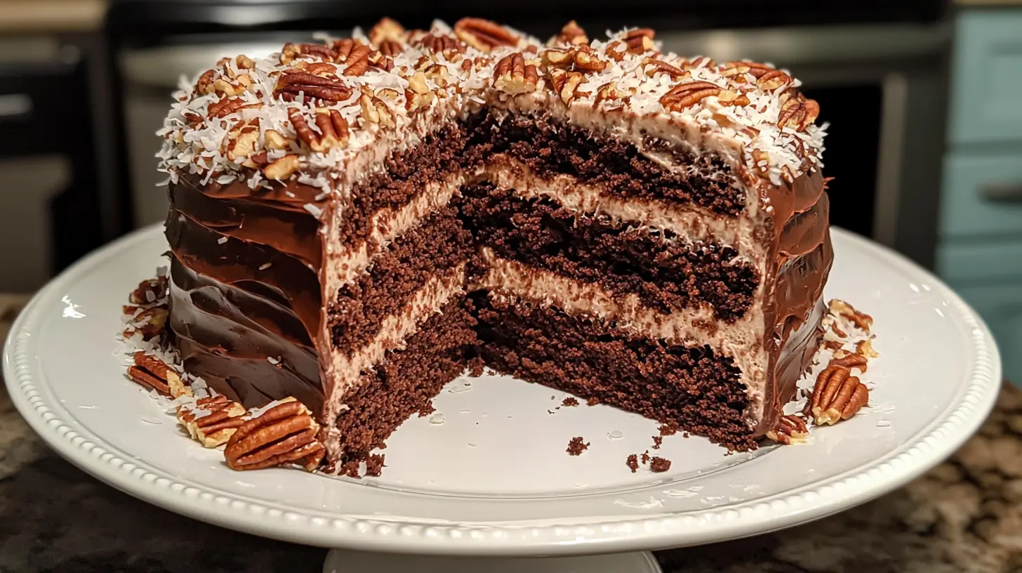 Sliced German chocolate cake with coconut-pecan frosting on a white plate.