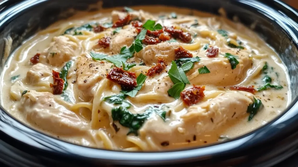 Creamy crockpot chicken recipes with Tuscan chicken on a rustic table.