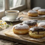 Freshly made Bavarian cream donuts with powdered sugar and chocolate glaze on a wooden table.