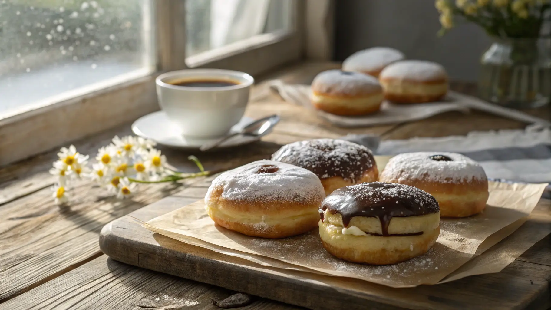 Freshly made Bavarian cream donuts with powdered sugar and chocolate glaze on a wooden table.