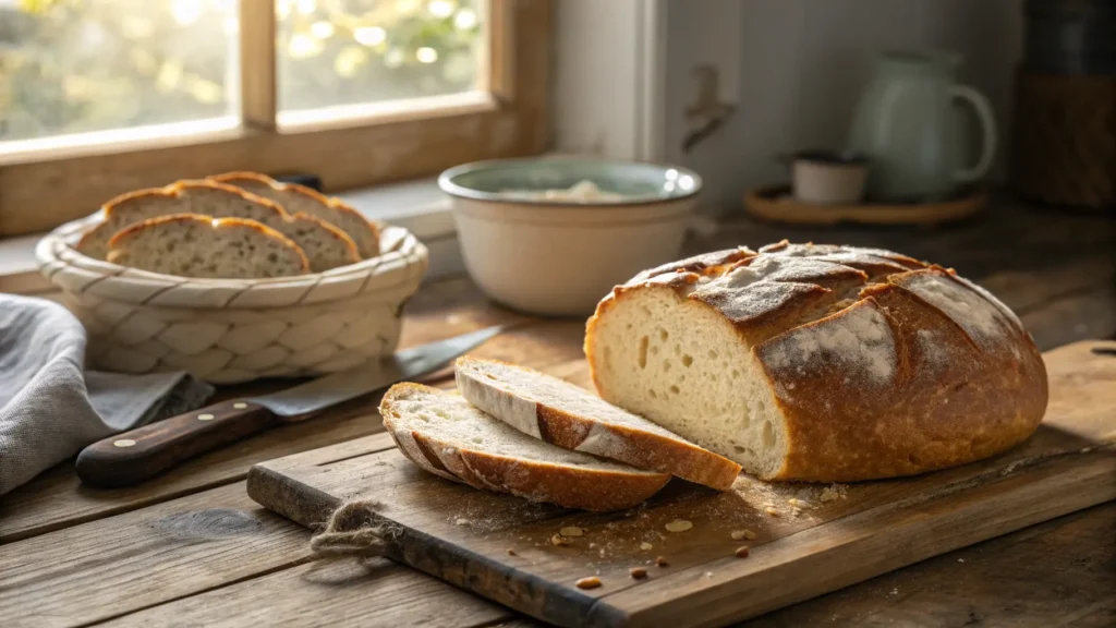 Freshly baked gluten free sourdough bread with golden brown crust on wooden table.