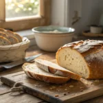 Freshly baked gluten free sourdough bread with golden brown crust on wooden table.