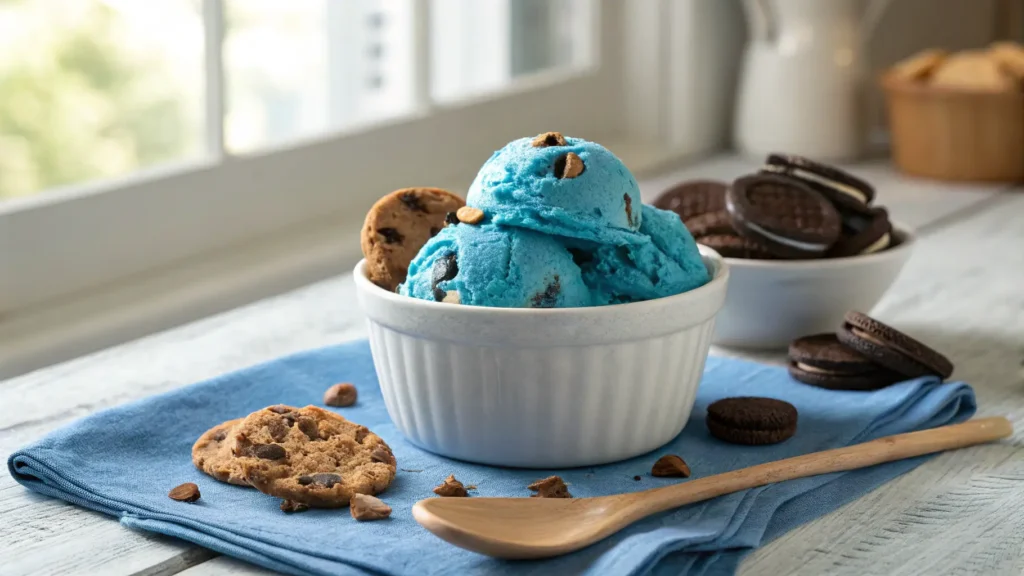 Close-up of blue Cookie Monster ice cream with chocolate chip cookies and Oreos in a white bowl.