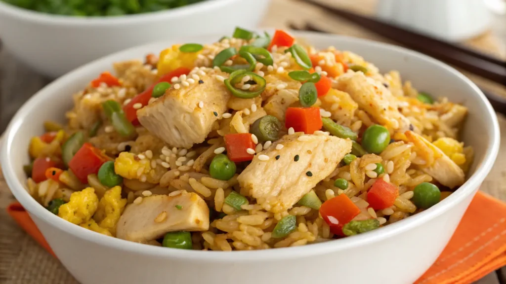 Close-up of chicken fried rice with chicken, vegetables, and green onions in a white bowl.
