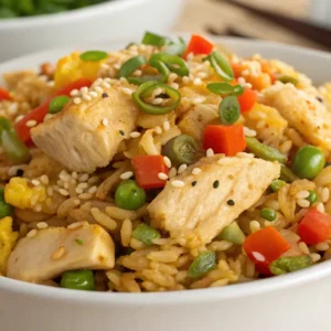 Close-up of chicken fried rice with chicken, vegetables, and green onions in a white bowl.