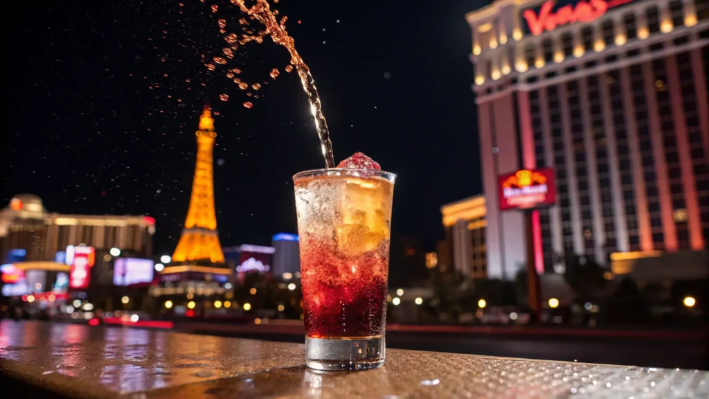 Vegas bomb recipe shot splashing into Red Bull with Las Vegas neon lights in the background