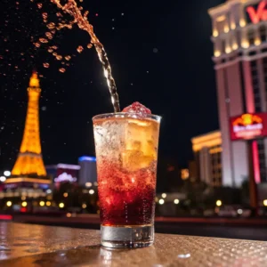 Vegas bomb recipe shot splashing into Red Bull with Las Vegas neon lights in the background