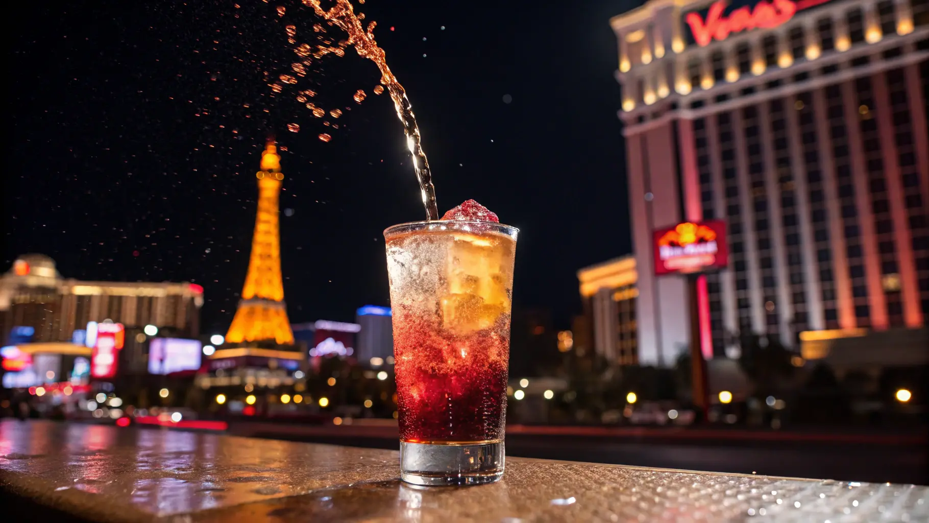Vegas bomb recipe shot splashing into Red Bull with Las Vegas neon lights in the background