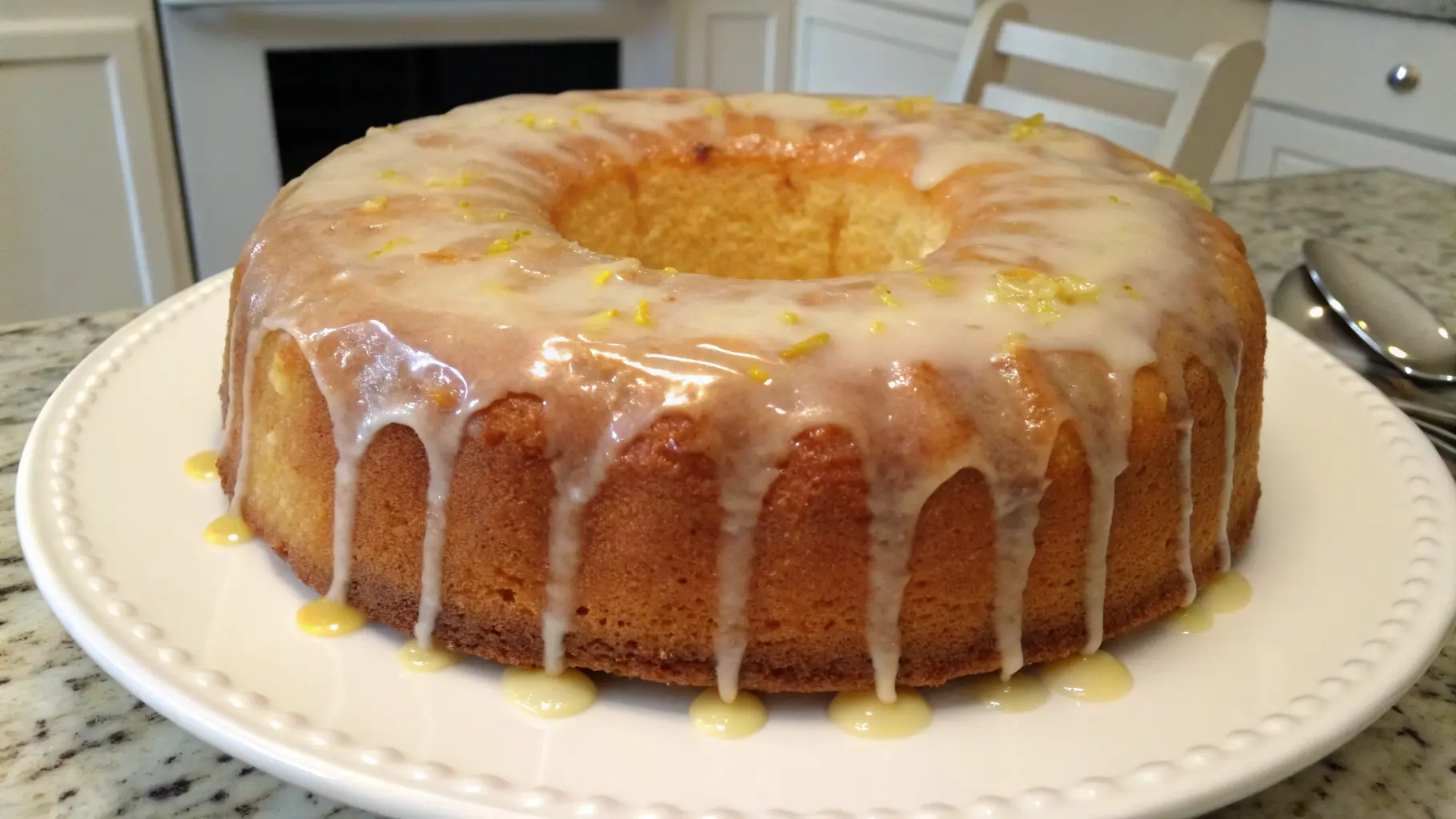 Slice of homemade lemon pound cake with glaze