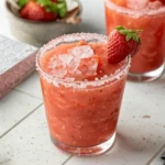 Frozen strawberry margarita in a salt-rimmed glass with strawberry and lime garnish