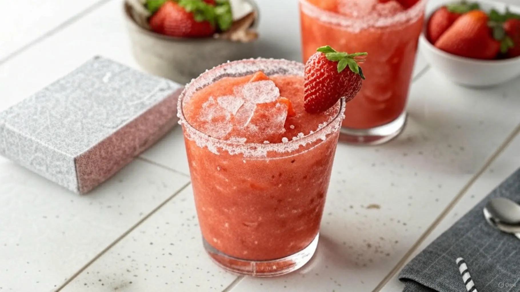 Frozen strawberry margarita in a salt-rimmed glass with strawberry and lime garnish