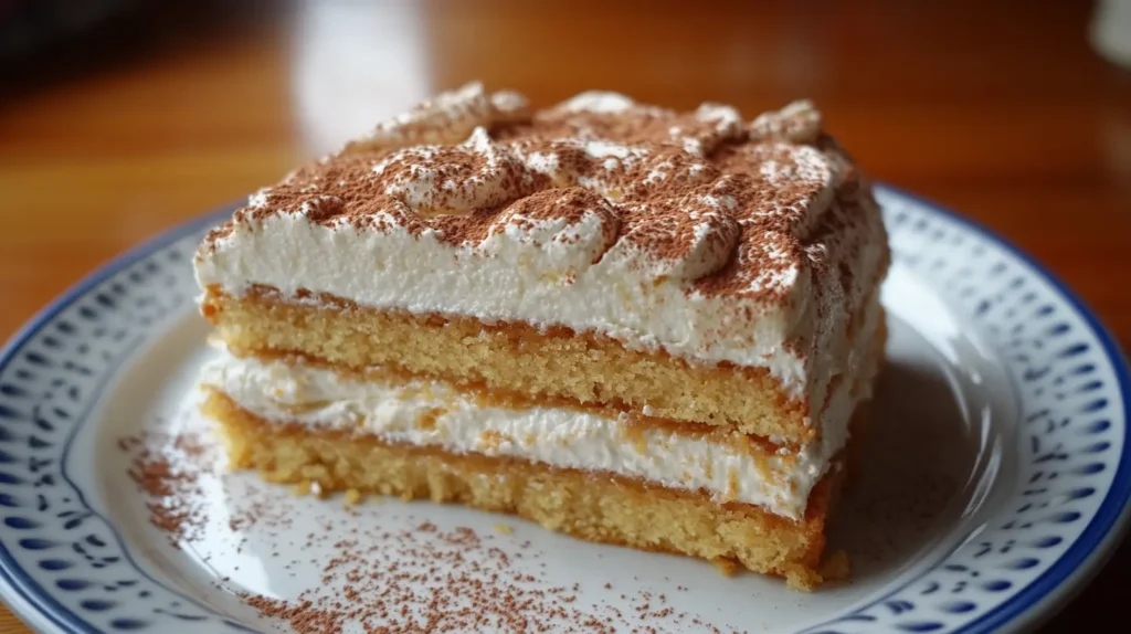 Moist applesauce cake slice with cream cheese frosting