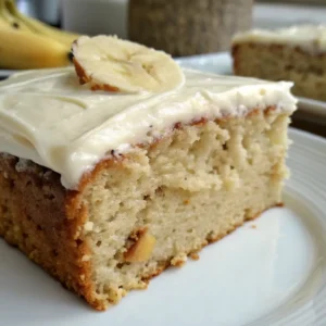 Sliced banana cake with cream cheese frosting on a white plate.