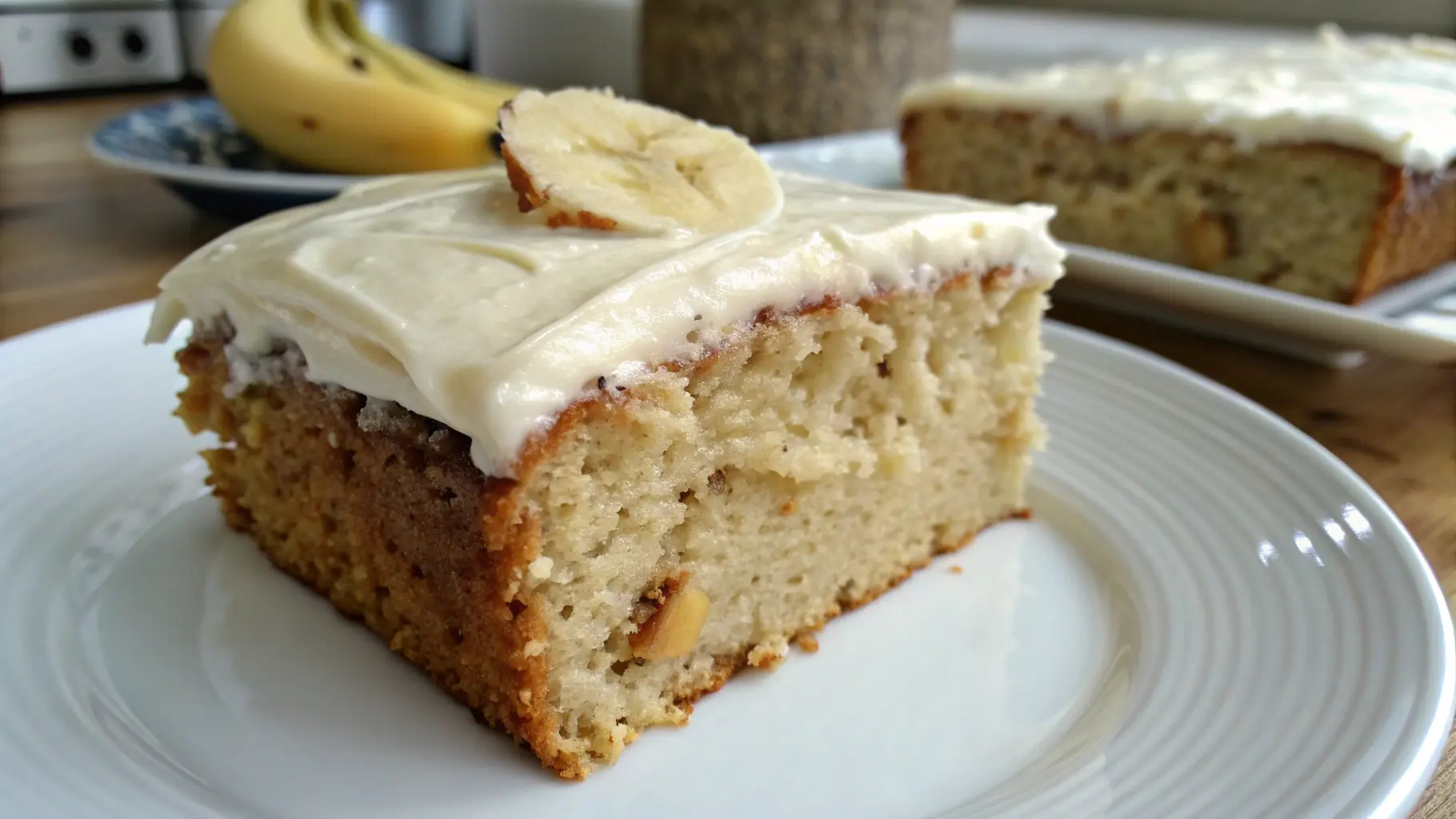 Sliced banana cake with cream cheese frosting on a white plate.