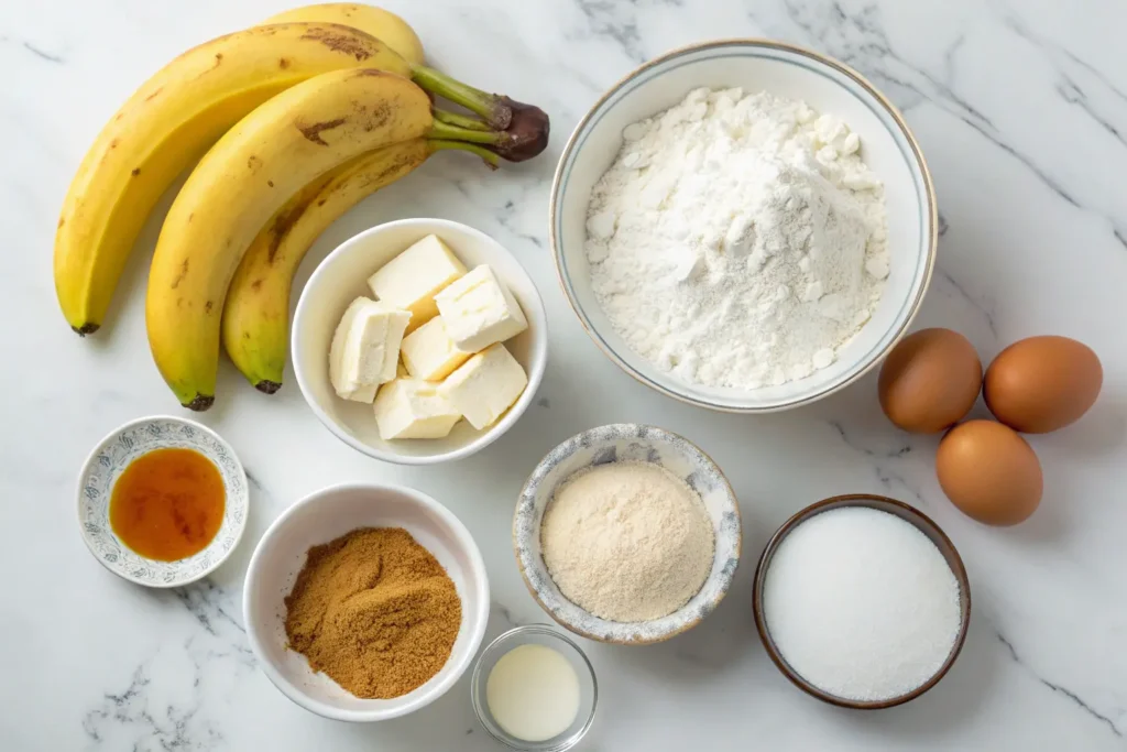 Ingredients for banana cake recipe on a marble countertop.