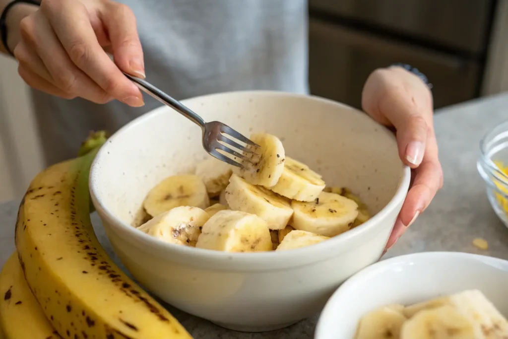 Mashing ripe bananas in a white ceramic bowl for banana cake.