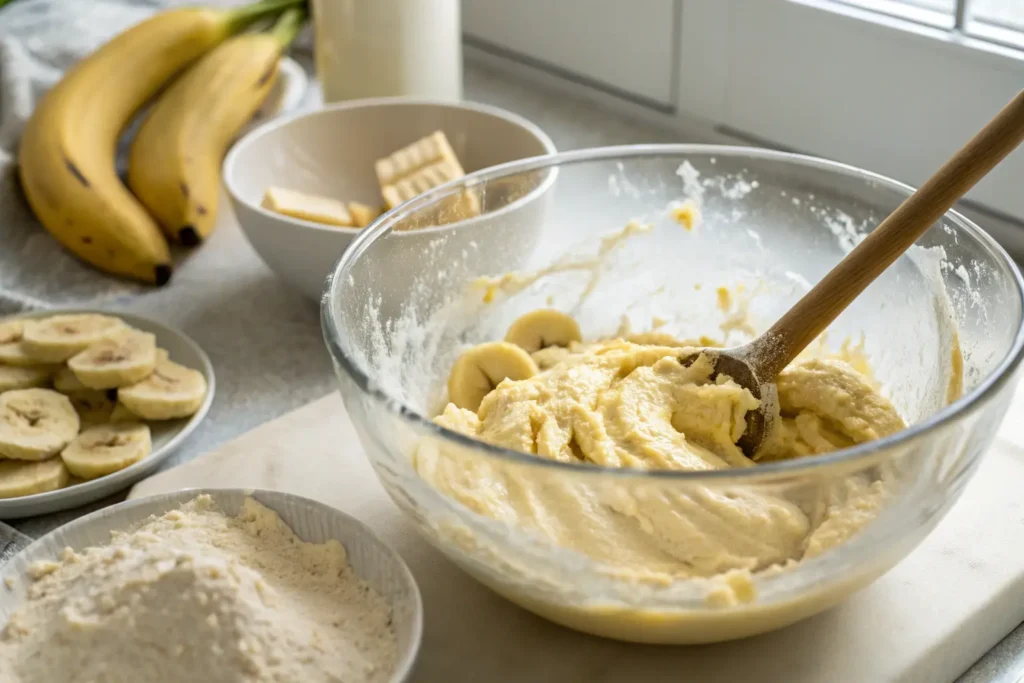 Mixing banana cake batter in a glass bowl.