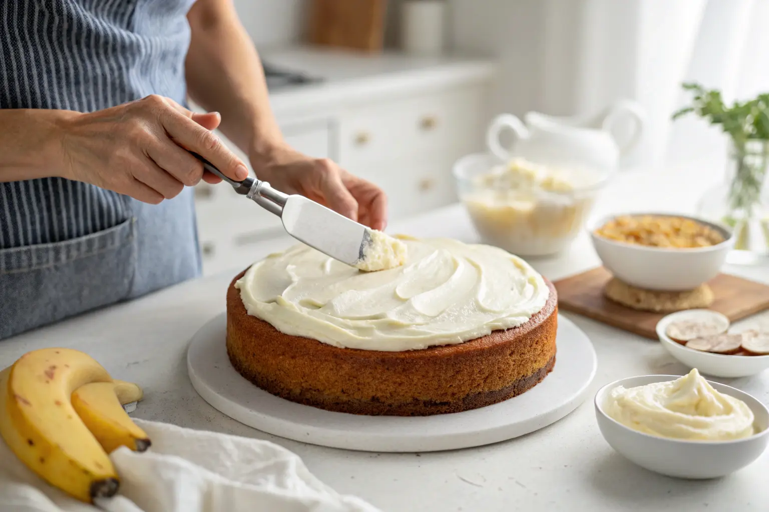 Spreading cream cheese frosting on a banana cake.