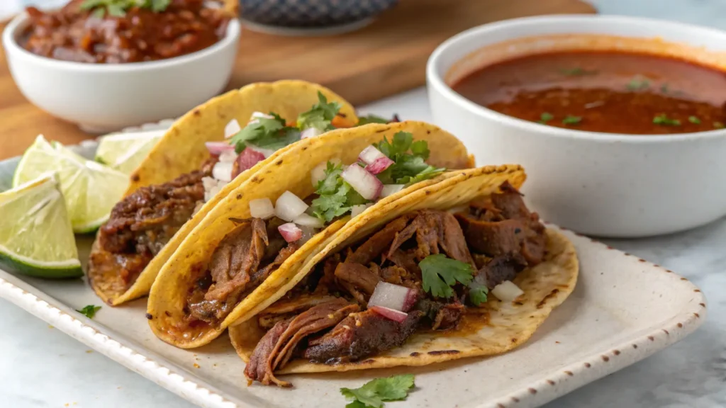 Plate of crispy birria tacos with shredded beef, cheese, and consommé on a rustic table.