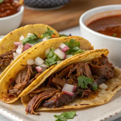 Plate of crispy birria tacos with shredded beef, cheese, and consommé on a rustic table.