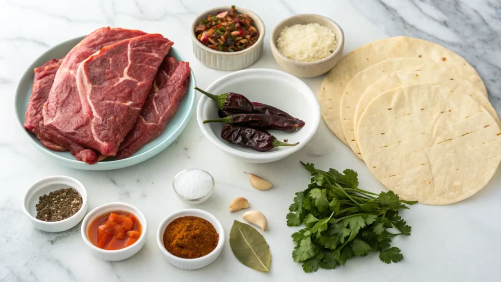 Fresh birria tacos recipe ingredients including chuck roast, guajillo chiles, and corn tortillas on a marble countertop.