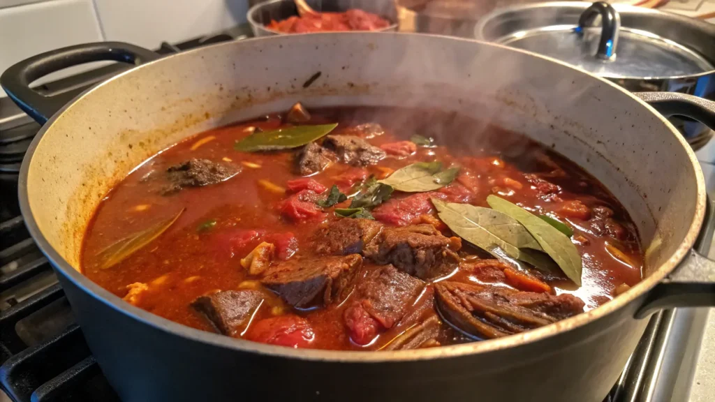 Pot of chuck roast simmering in red broth for birria tacos with guajillo chiles.