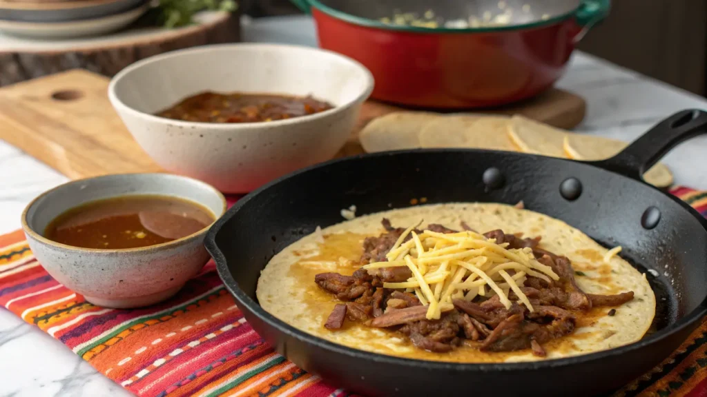 Skillet frying a corn tortilla with shredded beef and cheese for birria tacos.