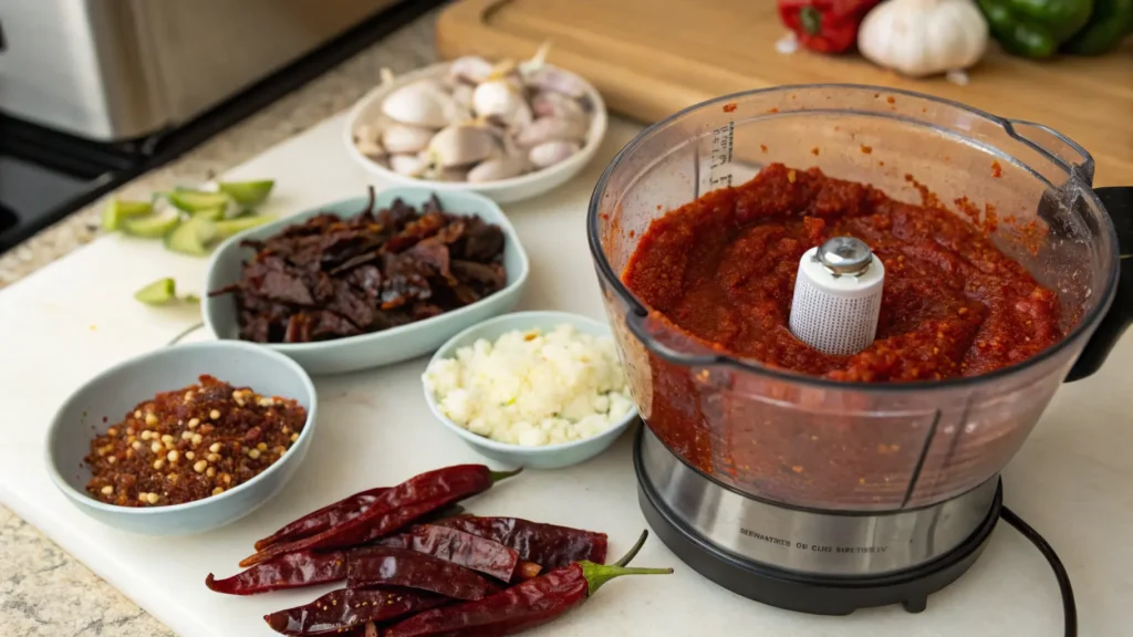 Blender with red chile paste for birria tacos, surrounded by guajillo chiles and spices.
