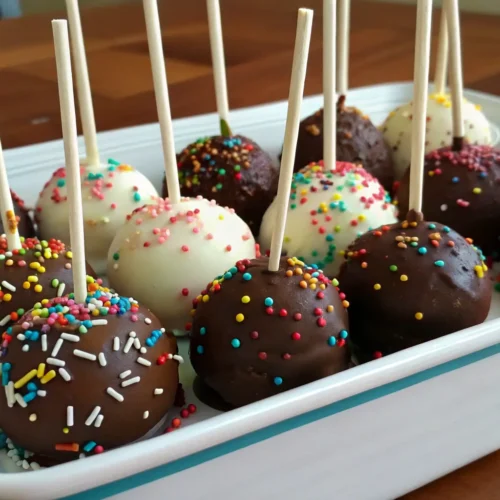 Close-up of homemade cake pops with chocolate and vanilla coatings, decorated with sprinkles, arranged in a styrofoam block.