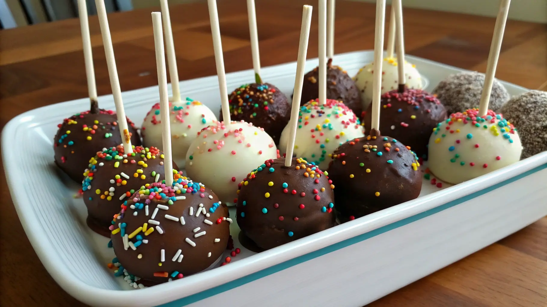 Close-up of homemade cake pops with chocolate and vanilla coatings, decorated with sprinkles, arranged in a styrofoam block.