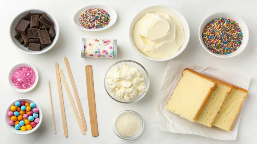 Flat-lay of cake pop recipe ingredients, including a baked cake, frosting, candy melts, lollipop sticks, and sprinkles on a wooden table.
