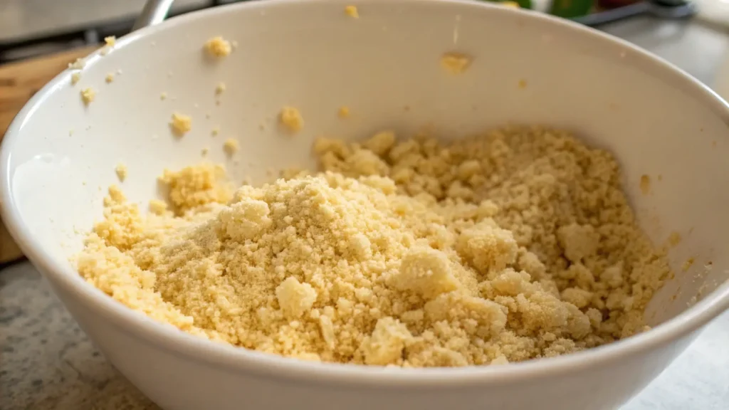 Hands crumbling a vanilla cake into fine crumbs in a mixing bowl for a cake pop recipe.