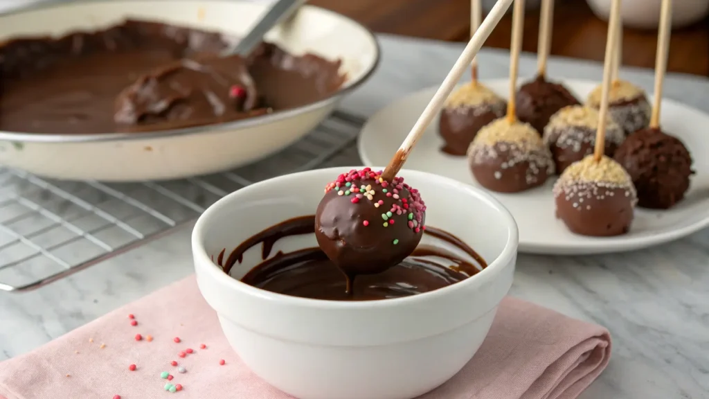 A cake pop on a lollipop stick being dipped into melted chocolate candy melts for a cake pop recipe.