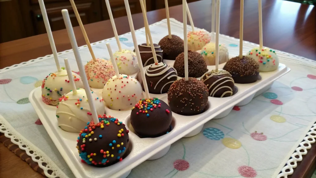 Cake pops with chocolate and white candy coatings, decorated with sprinkles, drying in a styrofoam block.