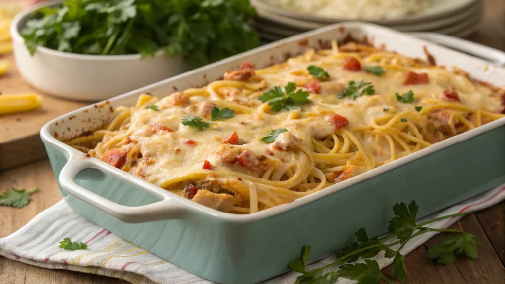Freshly baked chicken spaghetti casserole with golden cheese topping