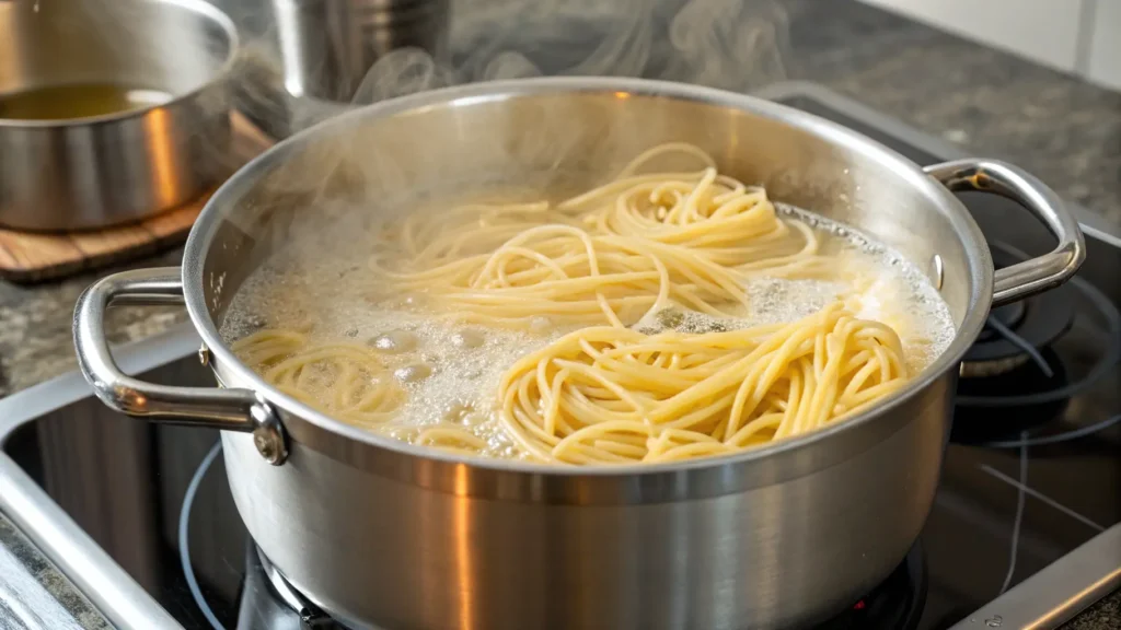 Spaghetti cooking in a pot of boiling water