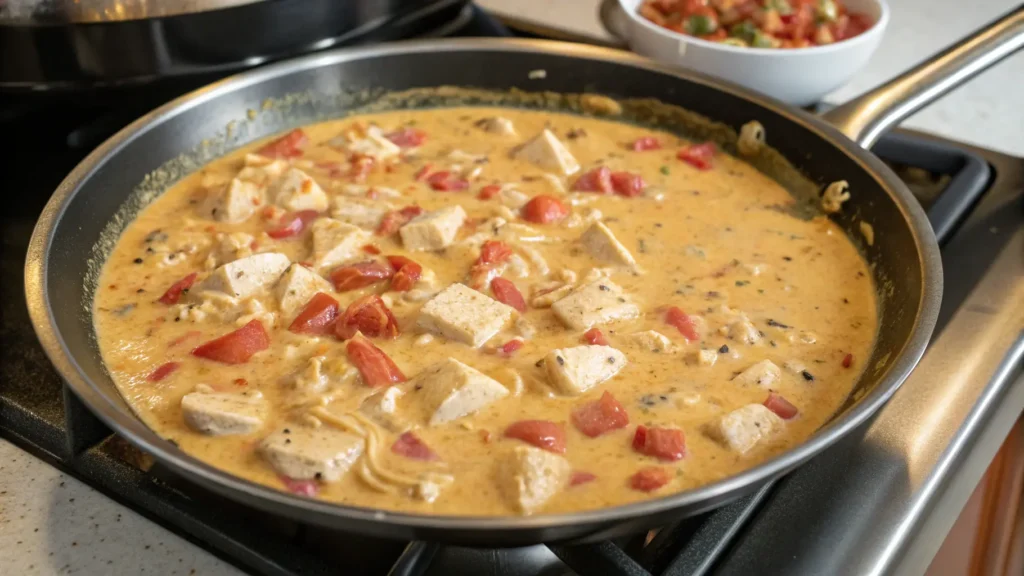 Creamy chicken spaghetti sauce being stirred in a skillet
