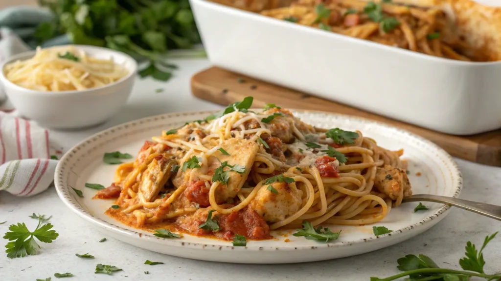 Chicken spaghetti served with side salad and garlic bread