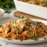 Chicken spaghetti served with side salad and garlic bread