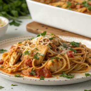 Chicken spaghetti served with side salad and garlic bread