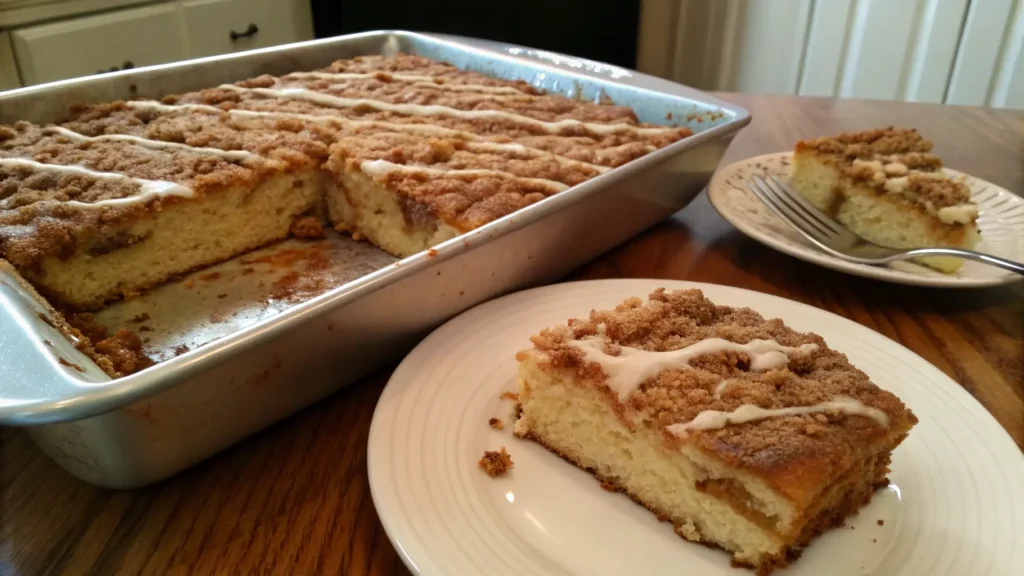 Golden-brown coffee cake with crumb topping in a baking pan.