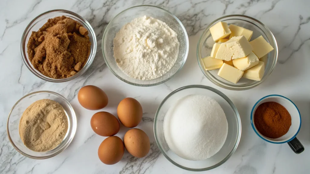 Coffee cake recipe ingredients arranged on a white marble countertop.